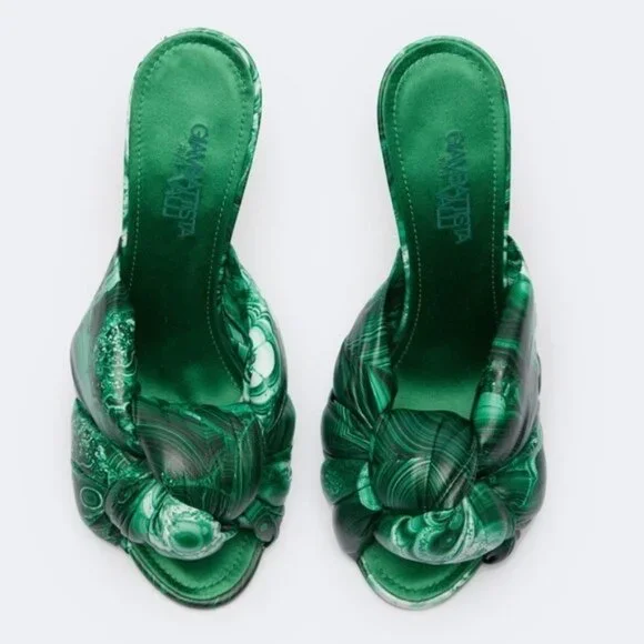 GIAMBATTISTAVALLI Maxi Green Marble Knot Mules Women's Heel Sandals Si…